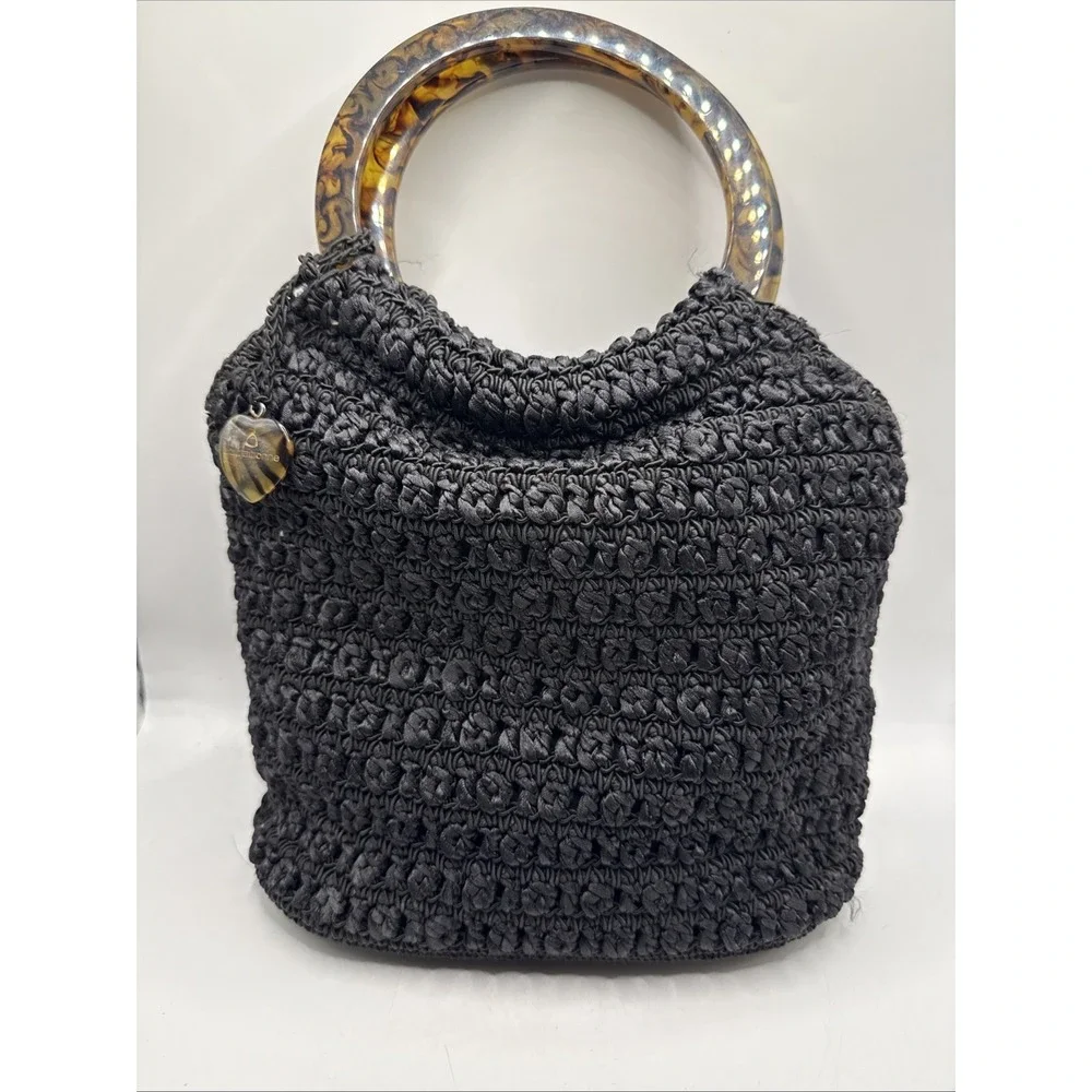 Vintage Black Crochet Liz Claiborne Purse Plastic Wood Color Handle
